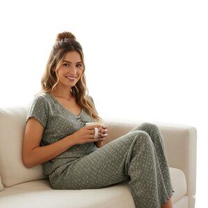 Happily Grey Micro Floral Green Line Pajama Set Size L